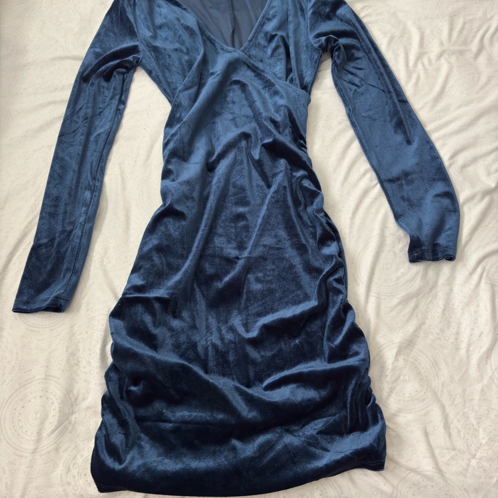 Fashion Nova Blue Long Sleeve Ruched Bodycon Dress